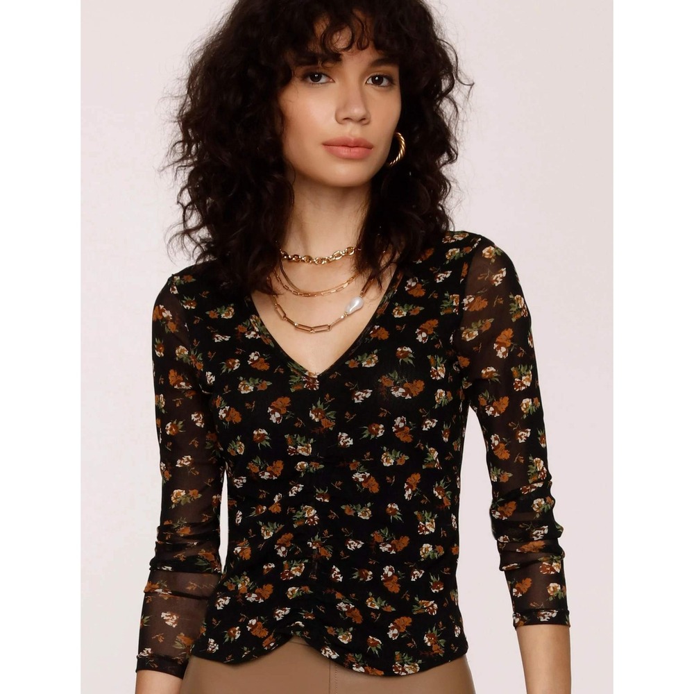 Heartloom Nedel Sheer Mesh Floral Top Small Black Ruched Whimsigoth Boho Indie